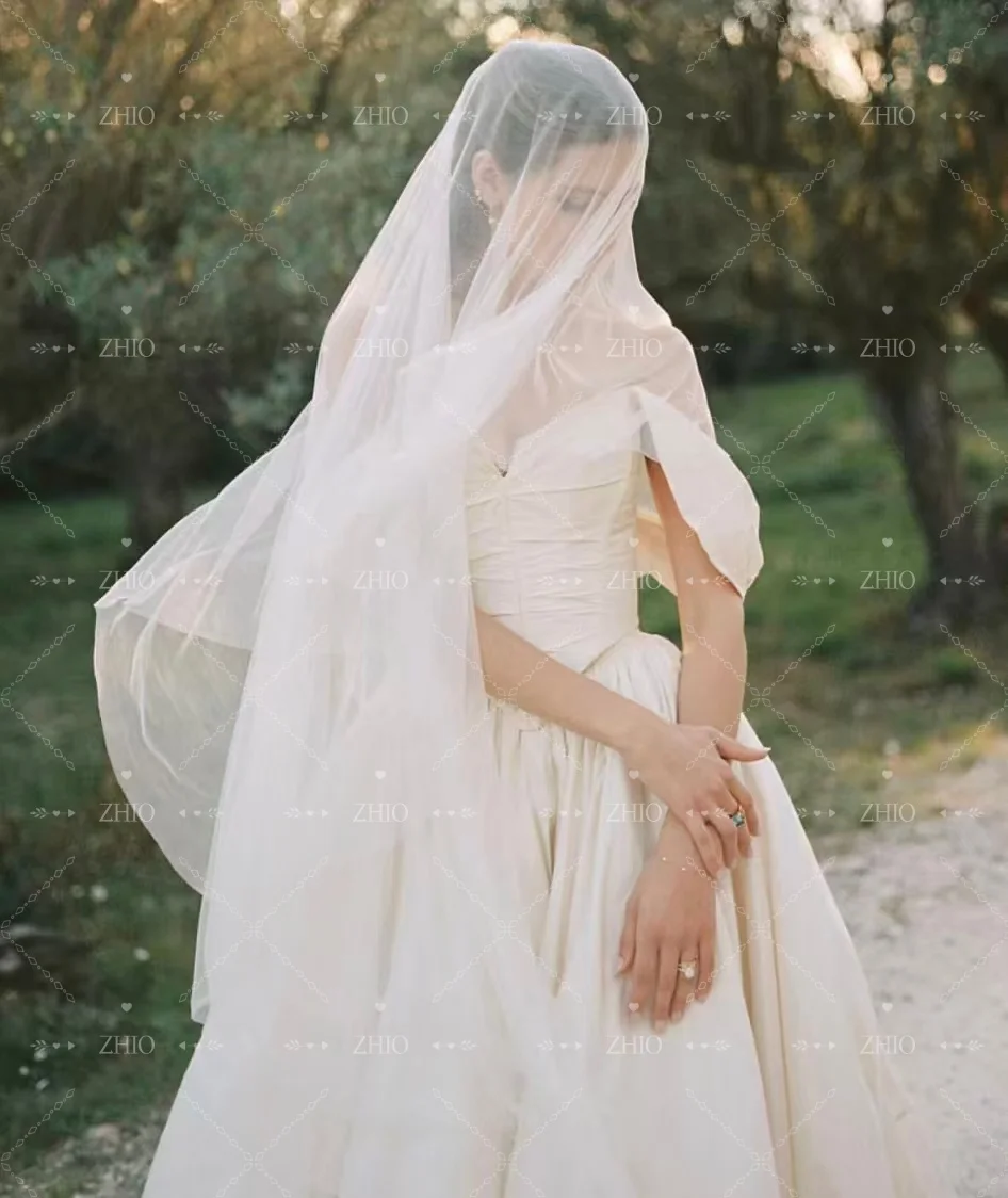 ZHIO Винтажное свадебное платье из 2 предметов с открытыми плечами и драпировкой, длинным шлейфом цвета слоновой кости, шелковое свадебное платье из тафты, индивидуальное платье Robe de mariée
