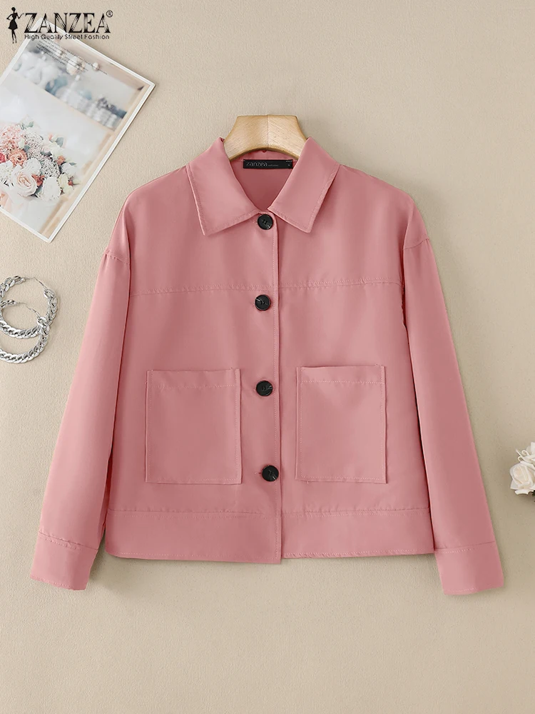 

Women Lightweight Long Sleeve Jackets ZANZEA Autumn Turn-Down Collar Button Up Solid Color Outerwear Casual Commuting Coats
