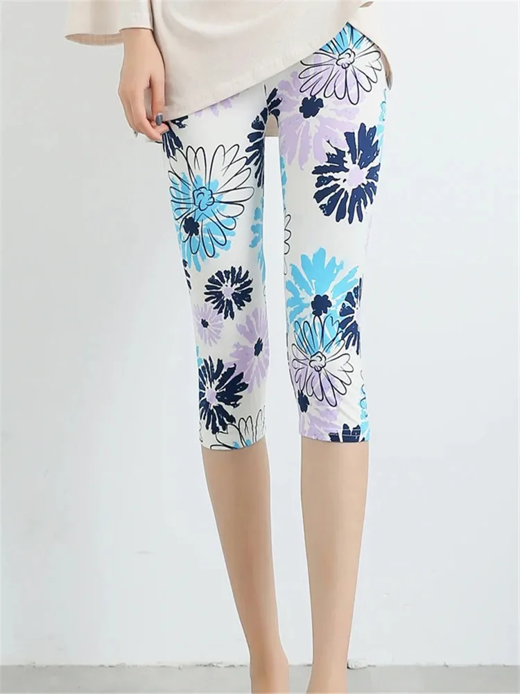 YRRETY-Leggings Capri College pour femmes, taille haute, fleurs, fitness, sport, course à pied, mode, exercice, mi-mollet, sport, court, été