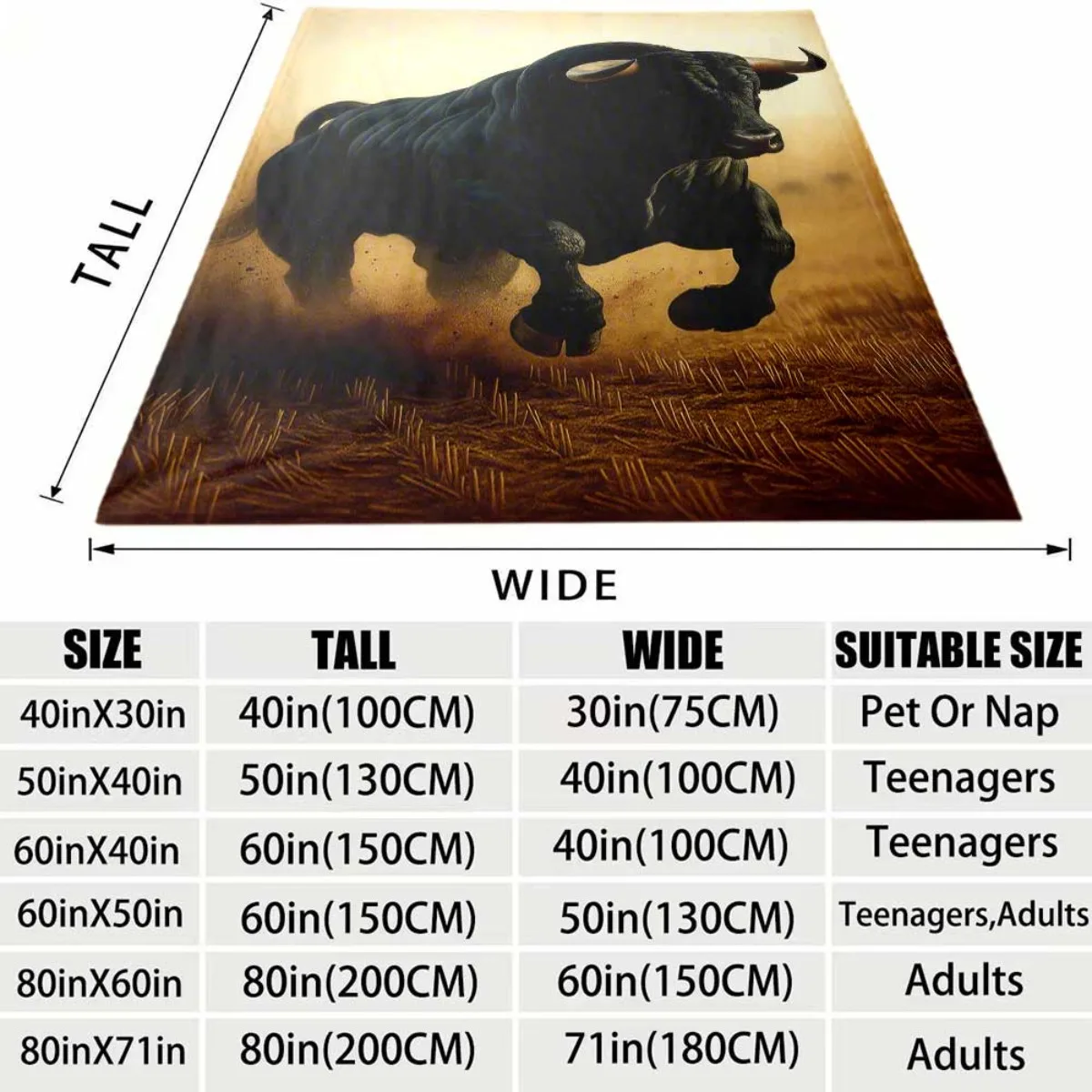 Majestic Charging Black Bull Pattern Flannel Blanket Lightweight Warm Plush Throw Blanket Retro Grassland Bull Art Decor Blanket