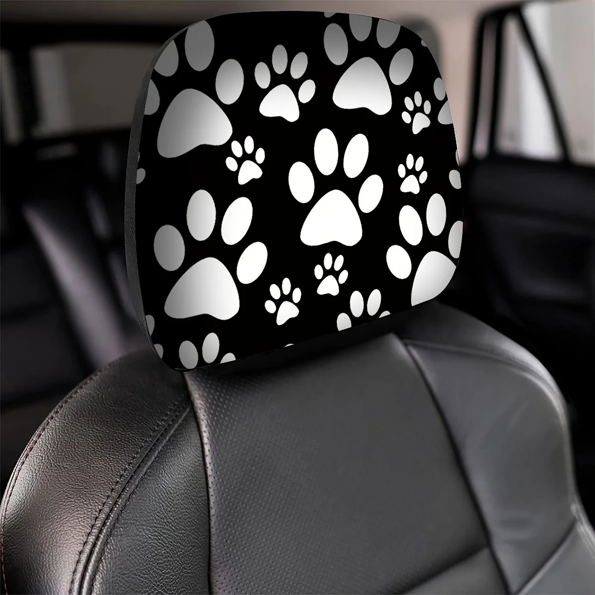 Black and white cute cat and dog paw print breathable car headrest cover 2pcs, car interior parts, pet lovers' festival gift