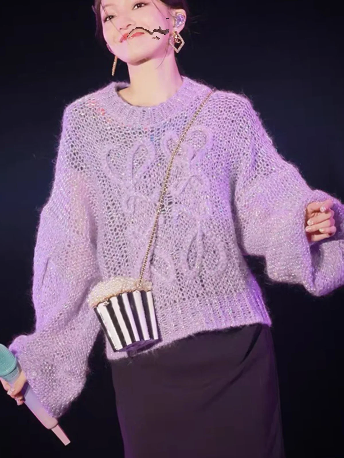 

Zhang aoHua Concert Purple Sweater Women's Lazy Sle Hollow Lantern Sve Overhead Versatile Knitted irt Spring Autumn ...