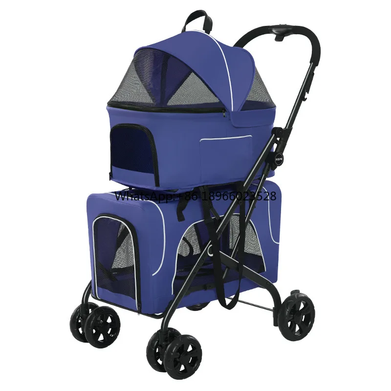 Foldable two dog stroller detachable pet stroller 4 wheels dog trolley carrier travel cart for 2 dogs and cats