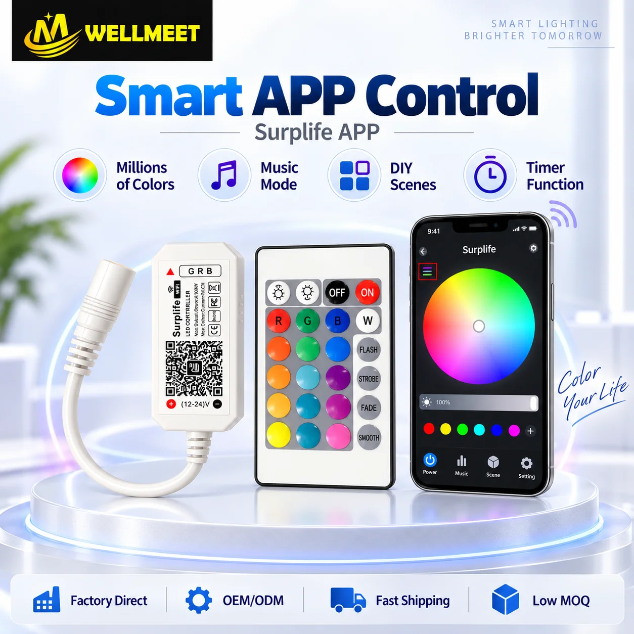 WiFi Bluetooth Dual‑mode LED Strip Controller 12V 24V RGB RGBW 2.4G Surplife App Control Android IOS Smart Home Automation LED C