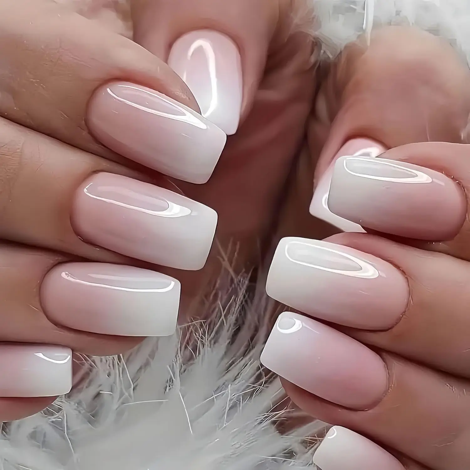 

120Pcs Pink-White Gradient Press On Nails, Glossy Long Square French Fake Nails Full Cover Wearable Nail Tips