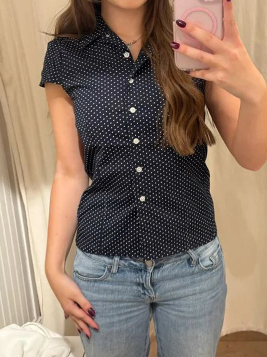 

Polka Dot Navy Slim T-shirt Blouse Women Lapel Single Breasted Short Sleeve T-shirts Summer New Streetwear Vintage Sweet Shirts