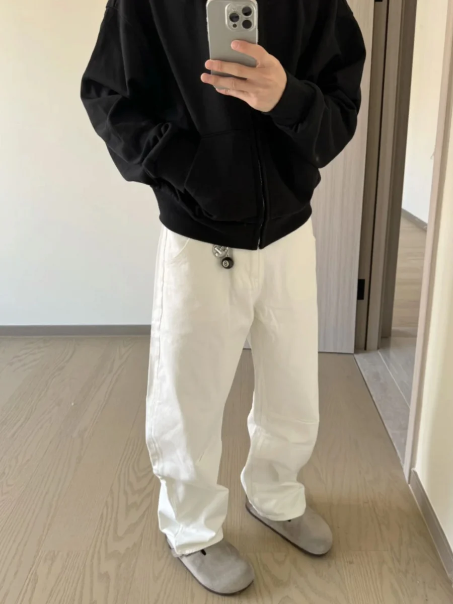 

American Retro Cleanfit White Jeans Loose Casual Men's Straight Leg Long Pants Summer Trendy Low Waist Denim Fabric