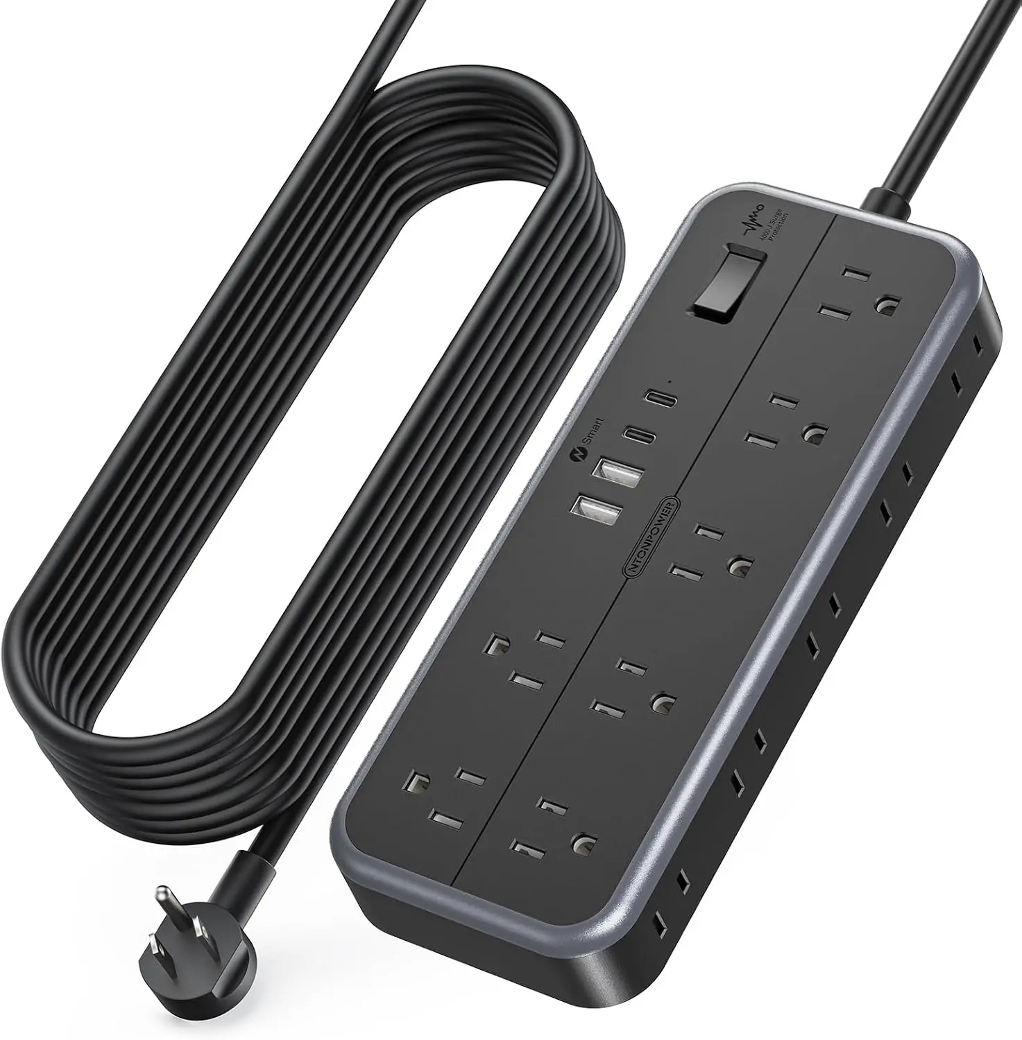 

Удлинитель 25 футов с 10 розетками, 4 USB-портами (2 USB-C), ультратонкий плоский штекер для дома, офиса, гаража, черный