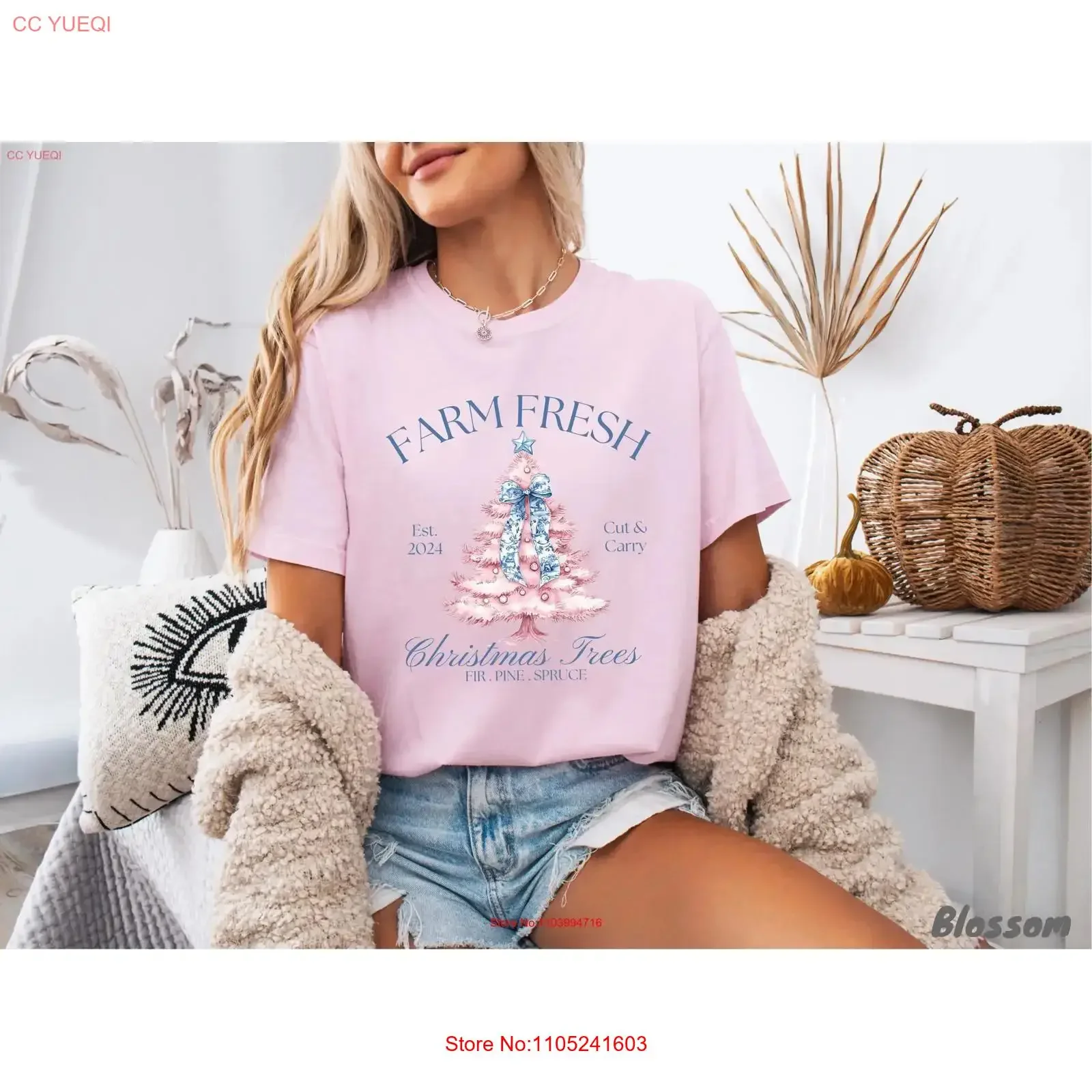 Pink Christmas Tree T Shirt Watercolor Coquette Aesthetic Blue Floral Toile Chinoiserie Grand Millennial Print For Women homme