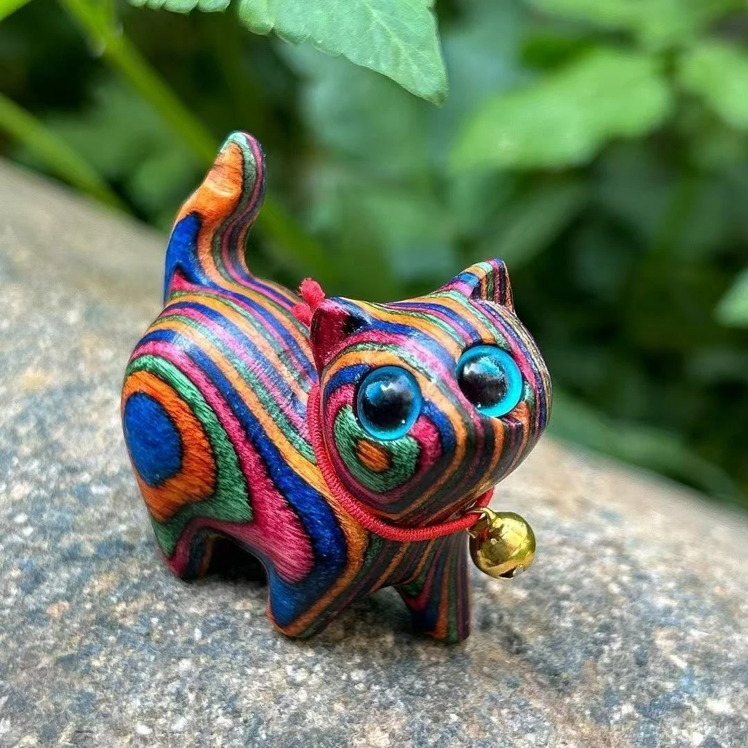 Furniture decor cute colorful wooden cat; desktop office supplies; rainbow wood carving; cat wood carving cat home decor gift