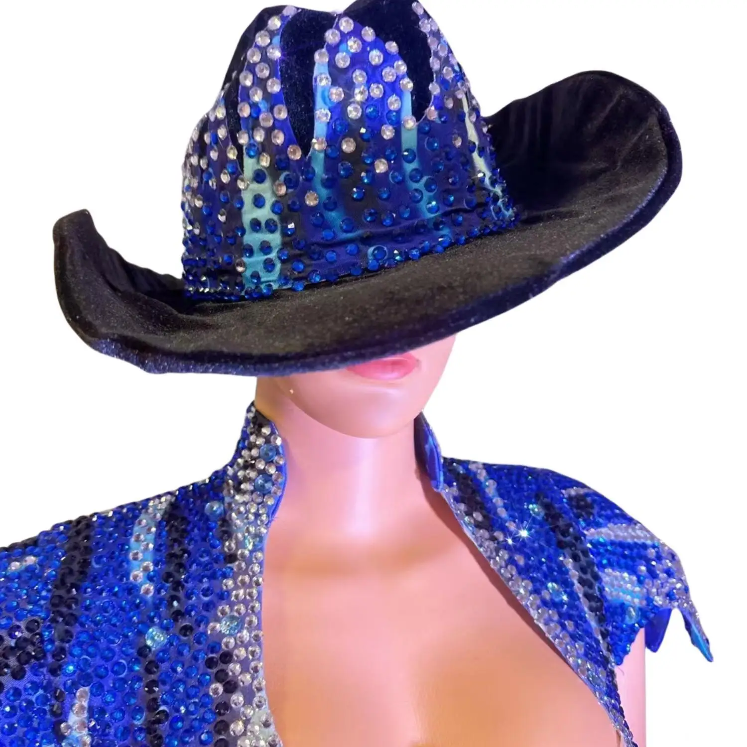 

Women All Set Shinning Bodysuits Rhinestone Dance Costume with Hat Party Halloween Party Wear Celebrity Drag Queen Wear Fangao