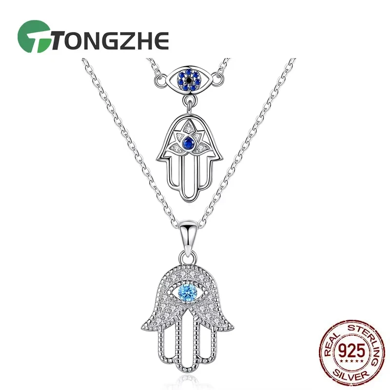 

TONGZHE сглаза рука Хамса кулон ожерелье женский кристалл стерлингового серебра 925 пробы турецкие ювелирные изделия ажурная цепочка на ключицу