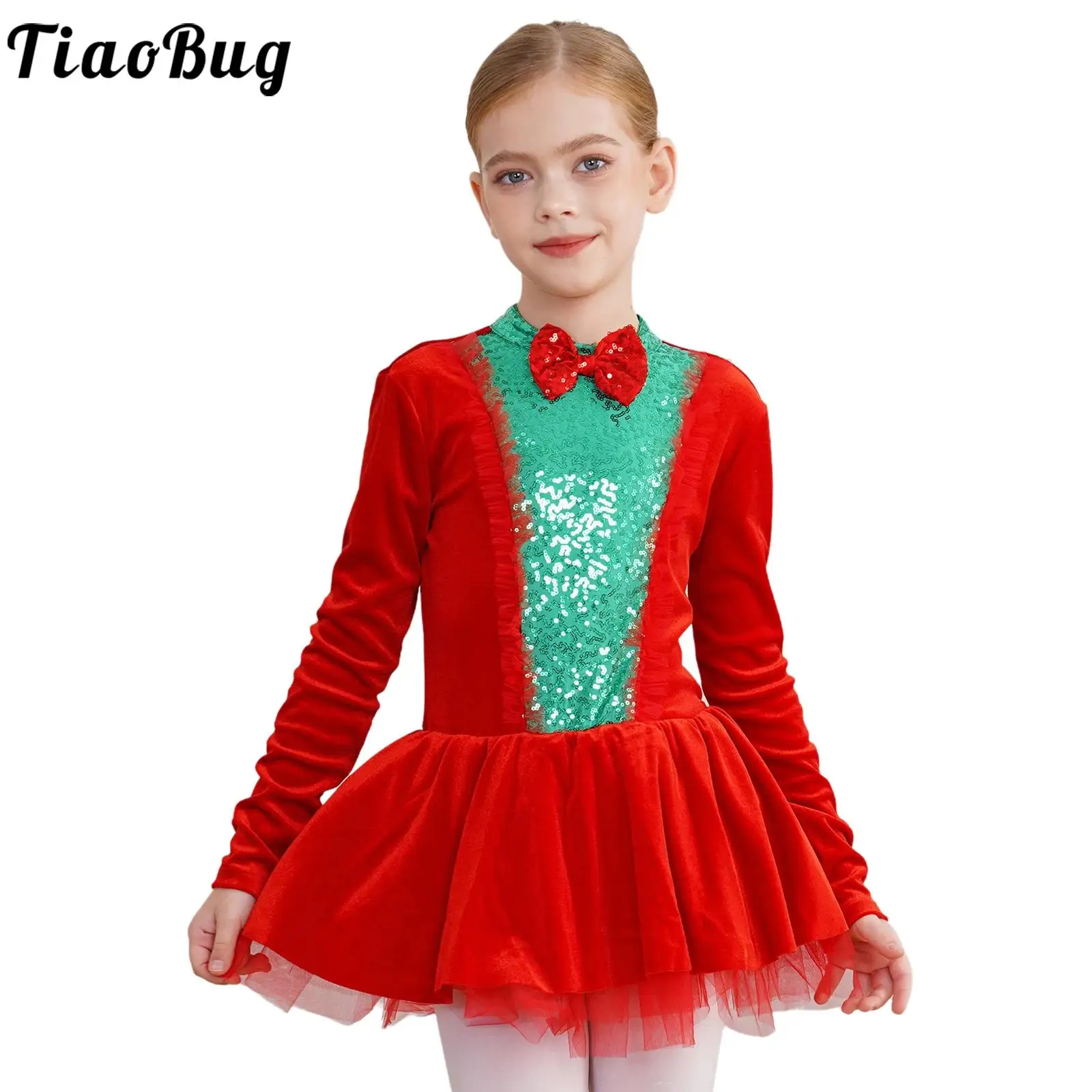 Kids Girls Christmas Dance Costume Velvet Long Sleeve Sequin Tulle Tutu Leotard Dress Xmas Ballet Skating Performance Dancewear