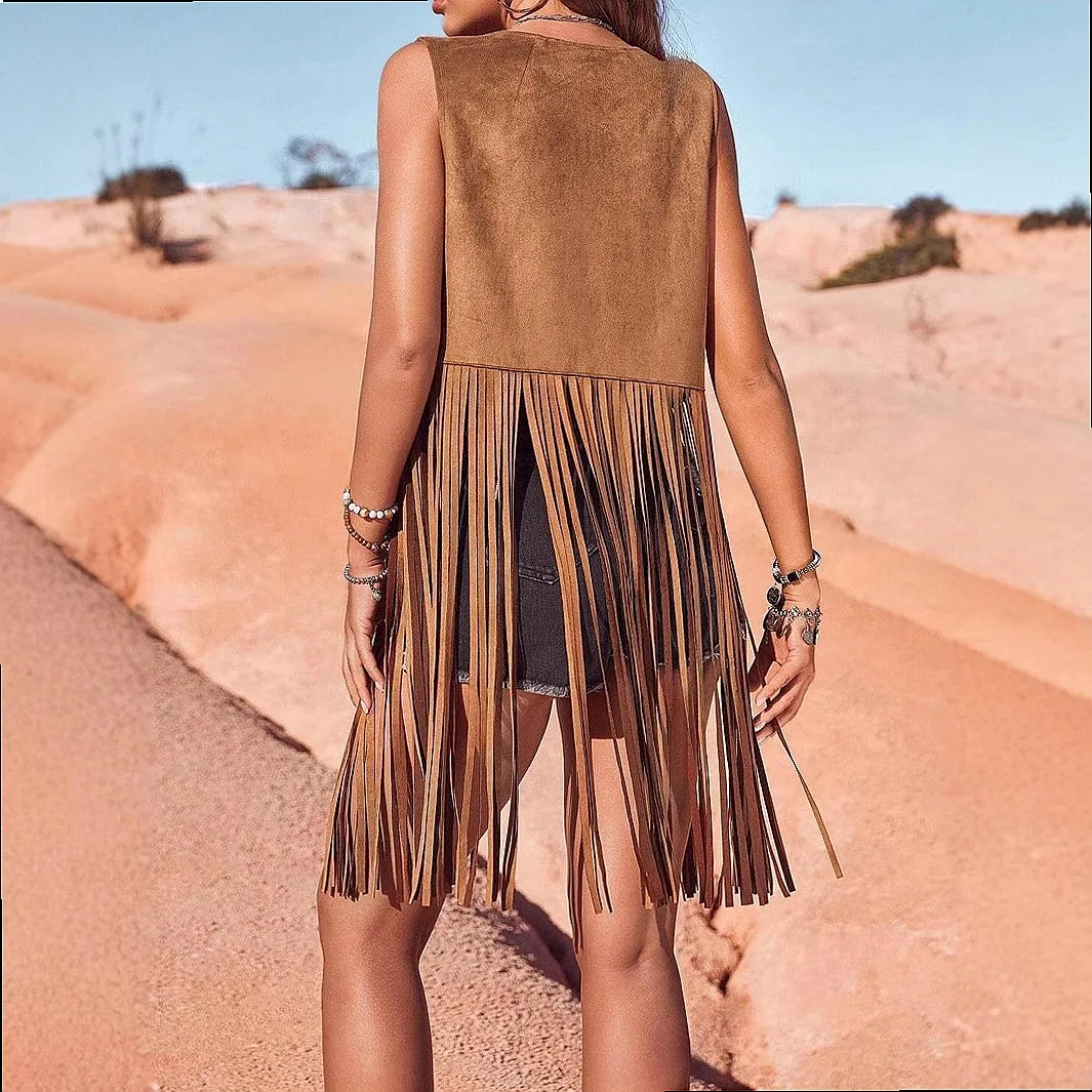 Fringe Vest Sleeveless Suede Fringe Cardigan Hippie Bohemian Blouse Top Spring Summer