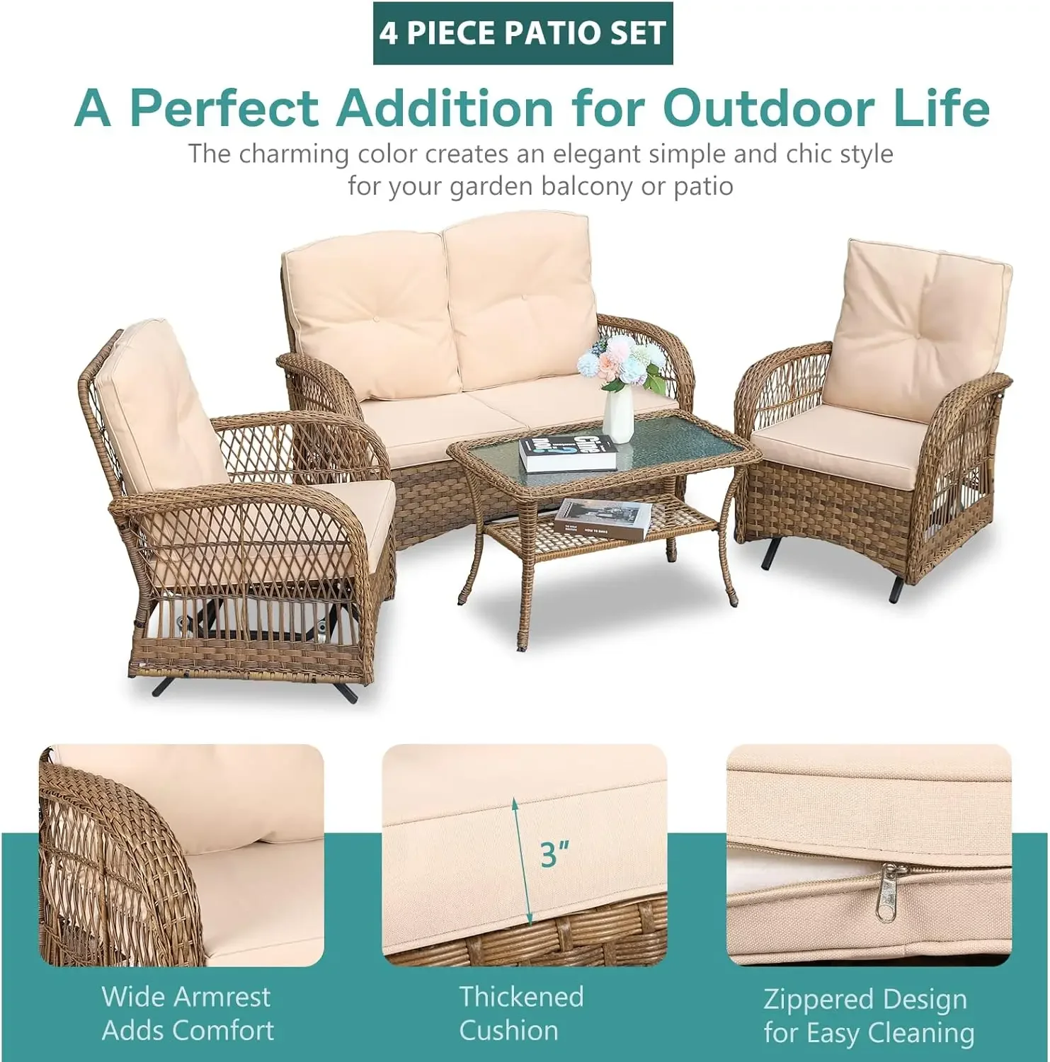 4 Pieces Outdoor Wicker Patio Conversation Sets with Glider Loveseat, 2 Chairs with Glass-Top Coffee Table Wicker Rocking Glider