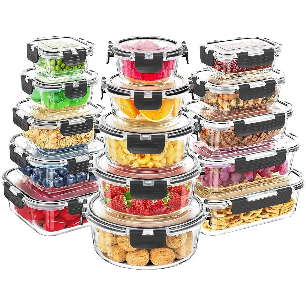 Glass Food Storage Containers Set 15 Pack Leak Proof Meal Prep Bento Boxes Borosilicate Glass Kitchen Organization Dishwasher