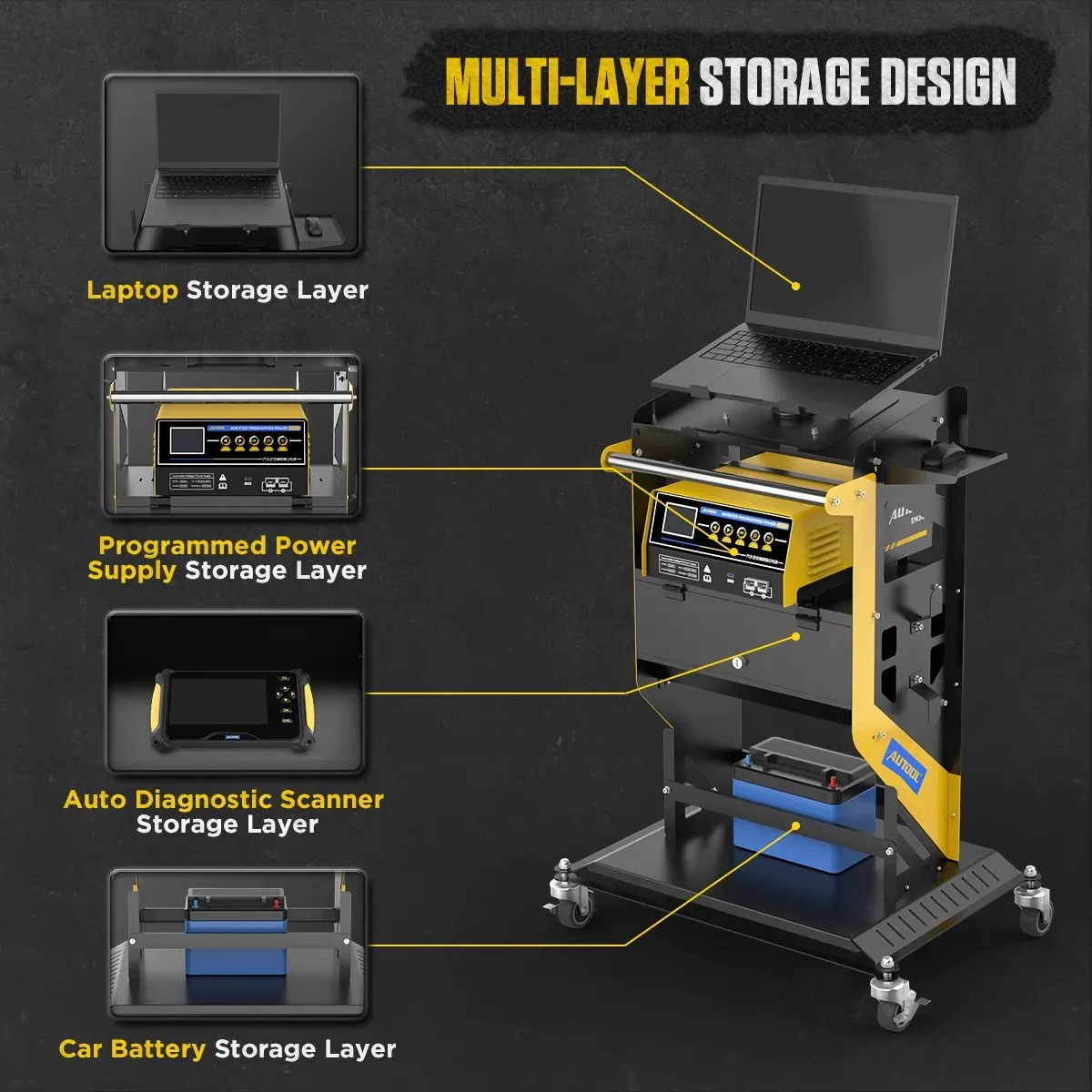AUTOOL T23 Mobile Maintenance Work Vehicle - Automotive Diagnostic and Repair Tools - Handcart - Equipped with Computer Stand