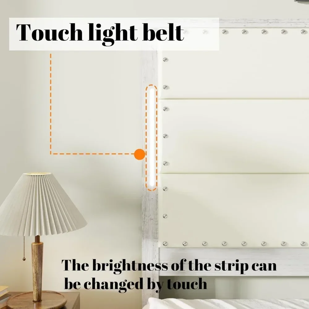 Queen  Size Bed Frame with Linen Upholstered Headboard Iron Platform Bed with Touch Light Belt Built-in Charging Station image 6