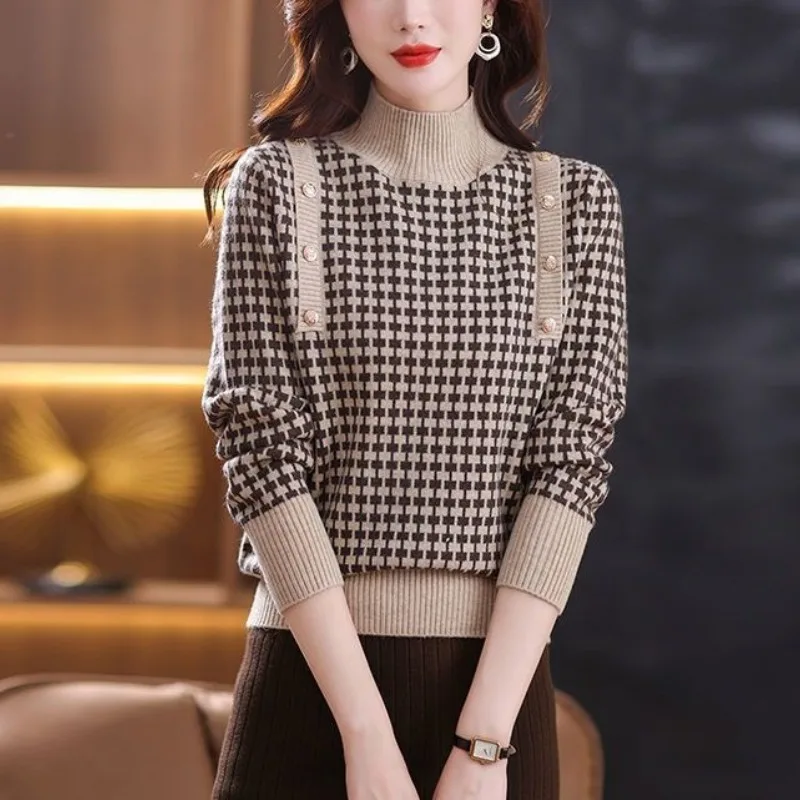 Women\'s Thick Half High Collar Houndstooth Sweaters Autumn Winter New Vintage Long Sleeve Button Pullover Knit Undershirt Tops