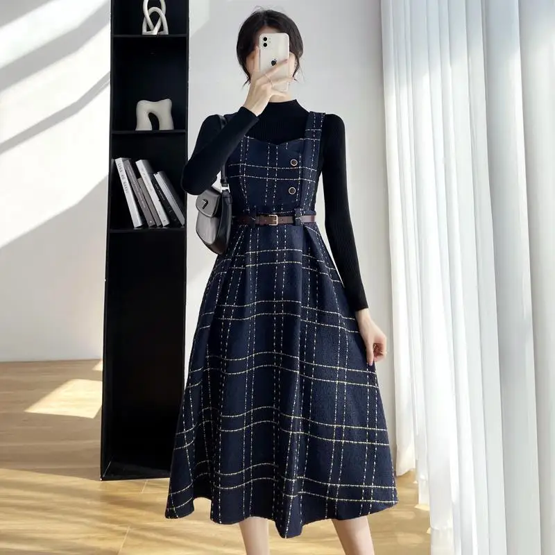 Strap dress women\'s autumn and winter new a-line woolen winter plaid tank dress