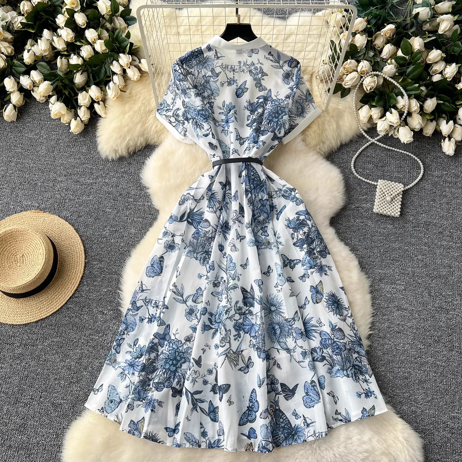 Runway Fashion Summer Dresses for Women Short Sleeve Butterfly Print Vintage Dress Casual Aline Holiday Vestidos with Belt 5815