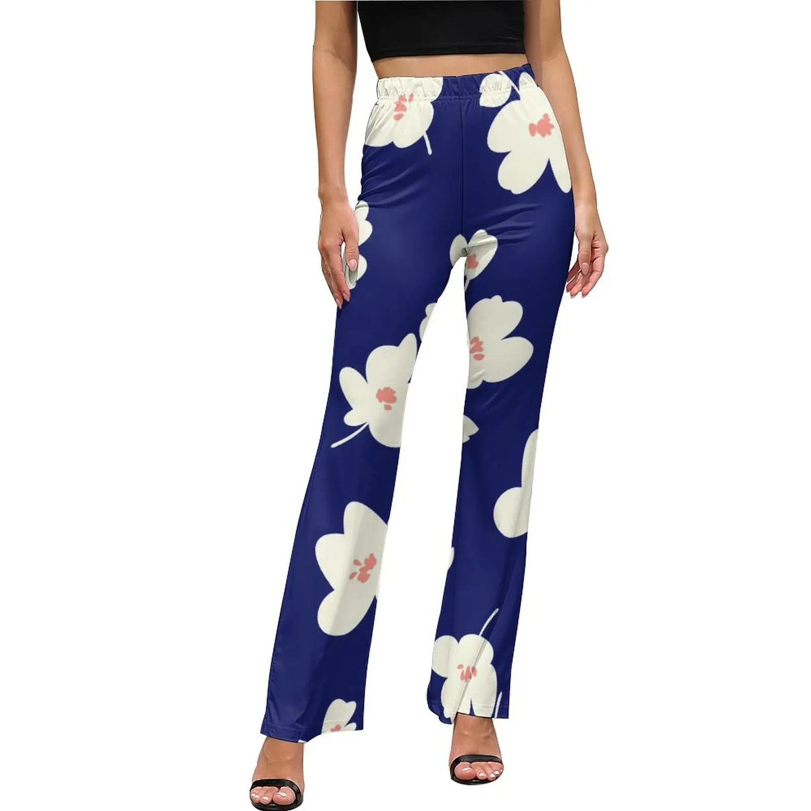 

White Daisies Print Pants Abstract Flower High Waist Casual Flared Trousers Summer Design Streetwear Pants Birthday Present