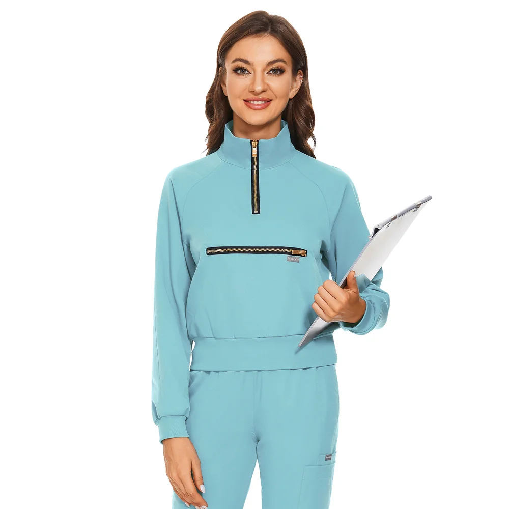 Chemise à manches longues avec col montant et fermeture éclair pour femmes, vêtements de travail médicaux et cliniques, uniforme d'infirmière