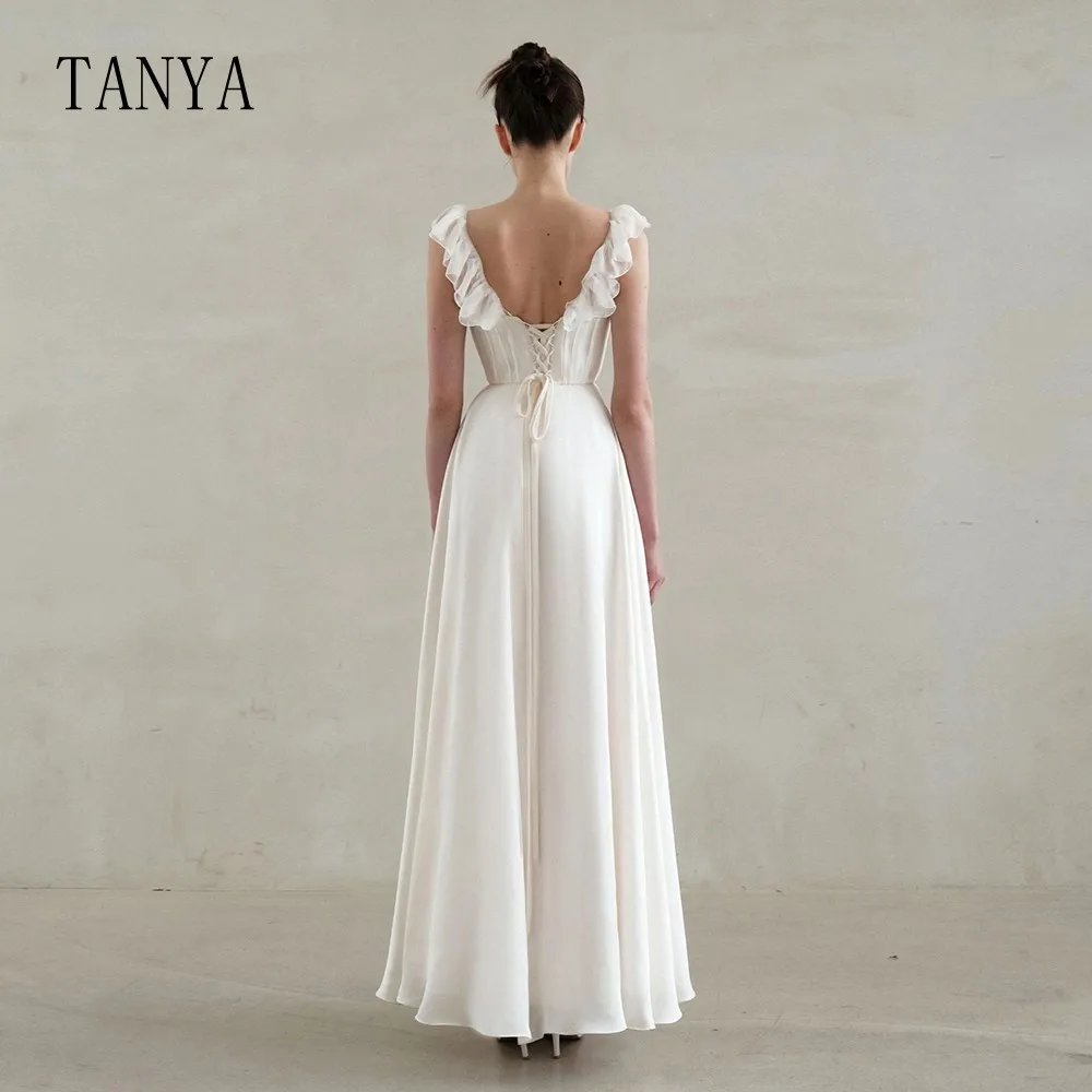 Simple A Line Wedding Dress For Women O Neck Sleeveless Ankle Length Bridal Party Dress Lace Up Back Backless Bridal GownTSWD255