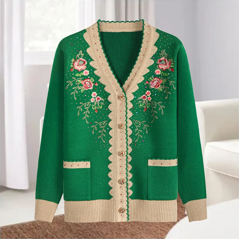 Women Sweater New Autumn Middle-aged And elderly knitted Cardigan Jacket Women V-neck Long-sleeved Casual Knitwear Female Tops