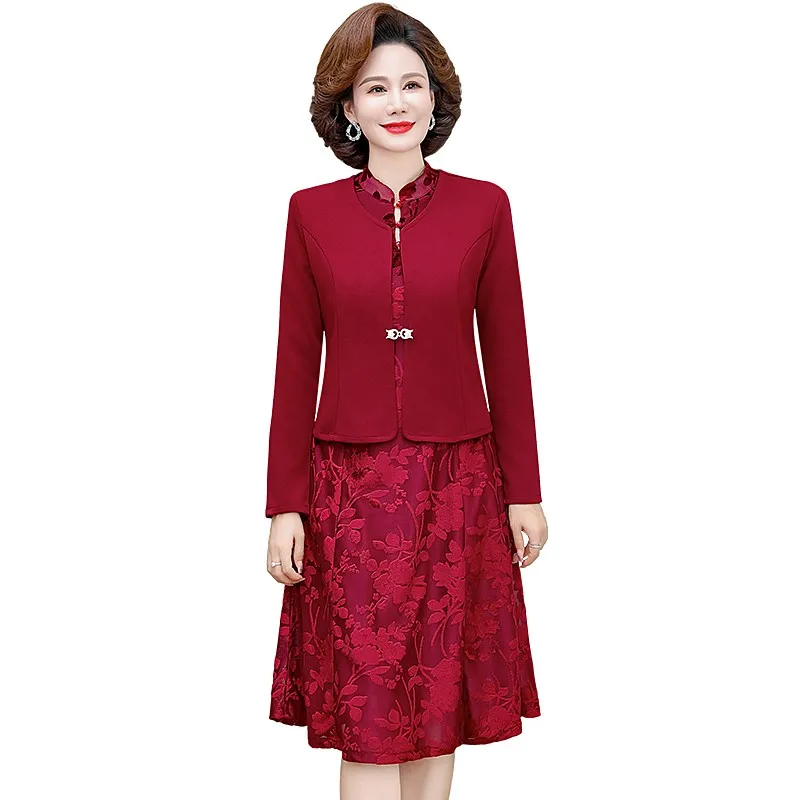 New Fashionable Red Lace Dress 2-piece Set For Middle-aged Women\'s Clothing Long Dress Over Knees For Wedding Banquet