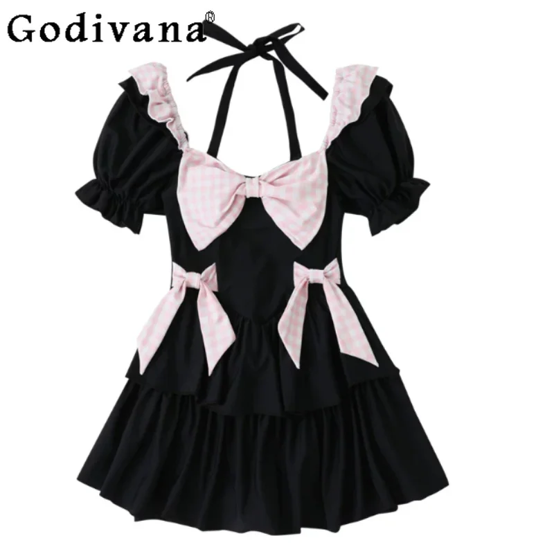 

Lolita Summer Sweet Japanese Girl High Waist A-line Dress Swimsuit Cute Bow Retro Plaid Pink Black College Water Party Swimwear