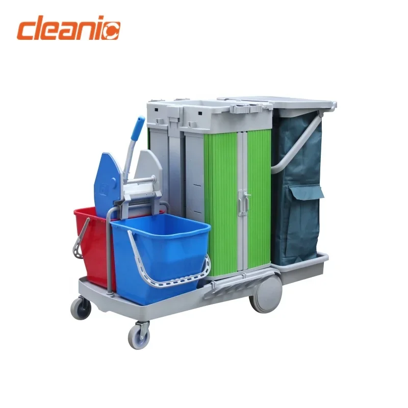 Double Bucket Dry Wet Mop Industrial Cleaning Trolley With Down Press Wringer Nylon Trash Bag For Hospital