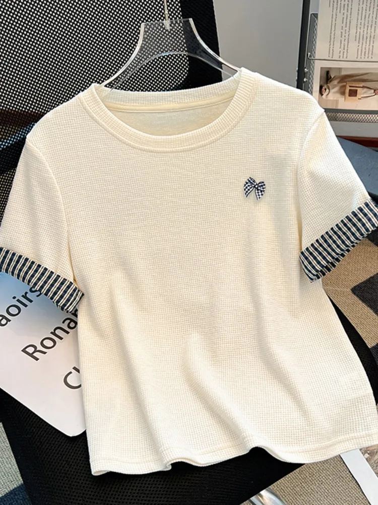 Summer ort Sve T-irt Women's Plaid Patchwork Design Sense oulder Top Korean Sle Loose Fit round Ne Casual irt