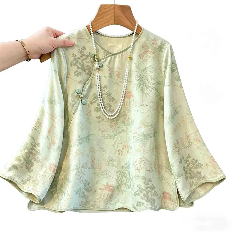 

Fashion Slant-breasted Buckle National Wind Jacquard Shirt Female Original Design Temperament Joker Round Neck Casual Shirt New