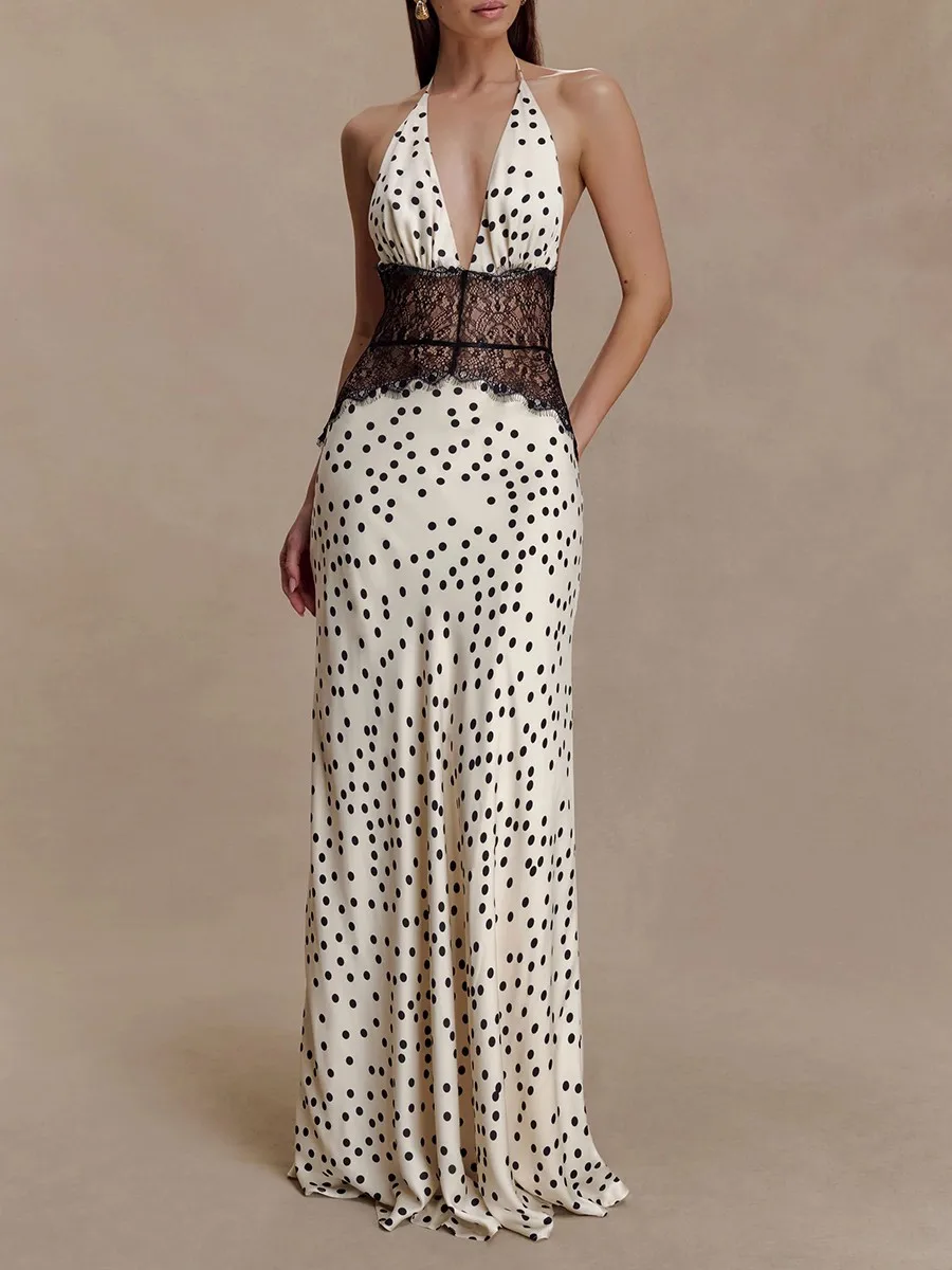 TWOTWINSTYLE ضرب اللون تقسم موجة نقطة فستان أنيق للنساء الرسن أكمام تونك شير تقسم الدانتيل فساتين مثيرة الإناث #2