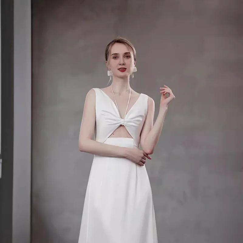 فستان زفاف فرنسي بسيط أنيق للزواج والخطوبة فستان سهرة رخصة العروس فستان أبيض نحيف