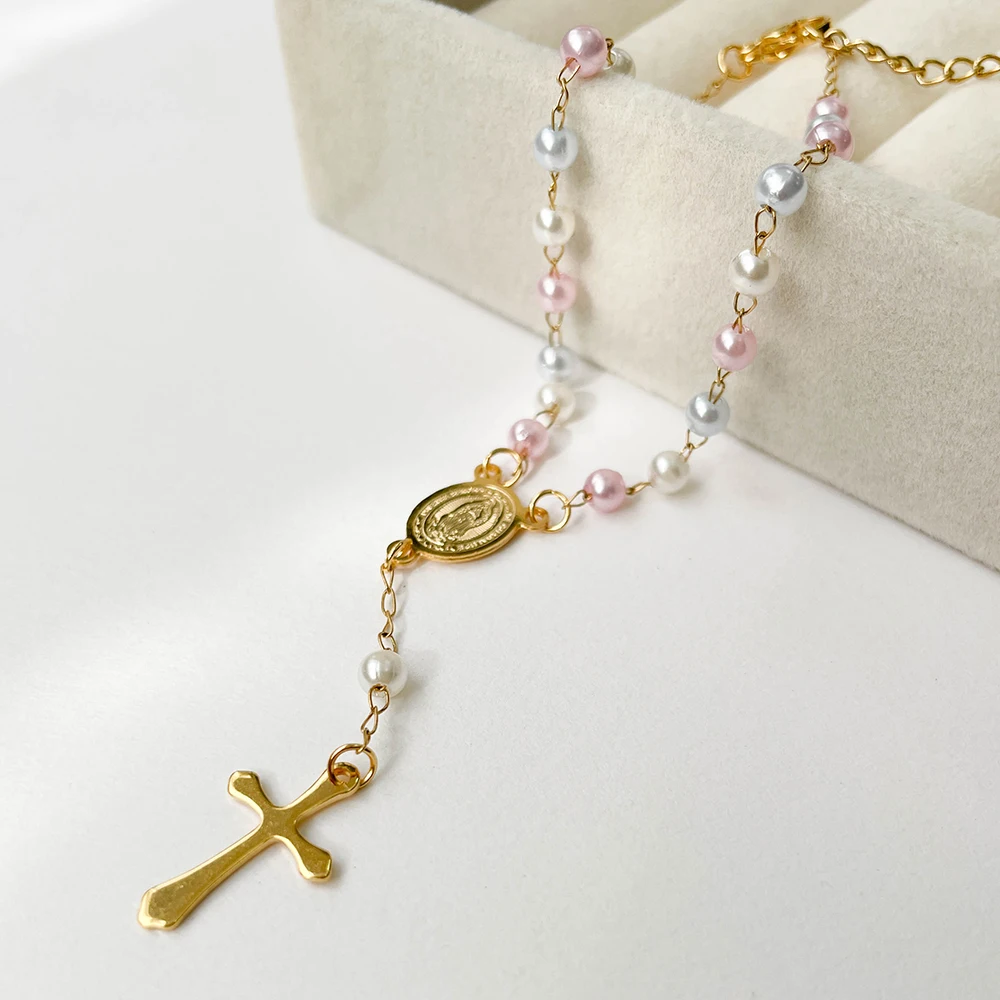 لطيف سوار الوردية للنساء مجوهرات الزفاف 4 مللي متر تقليد حبات اللؤلؤ مادونا الفولاذ المقاوم للصدأ الذهب اللون الصليب المعمودية هدية