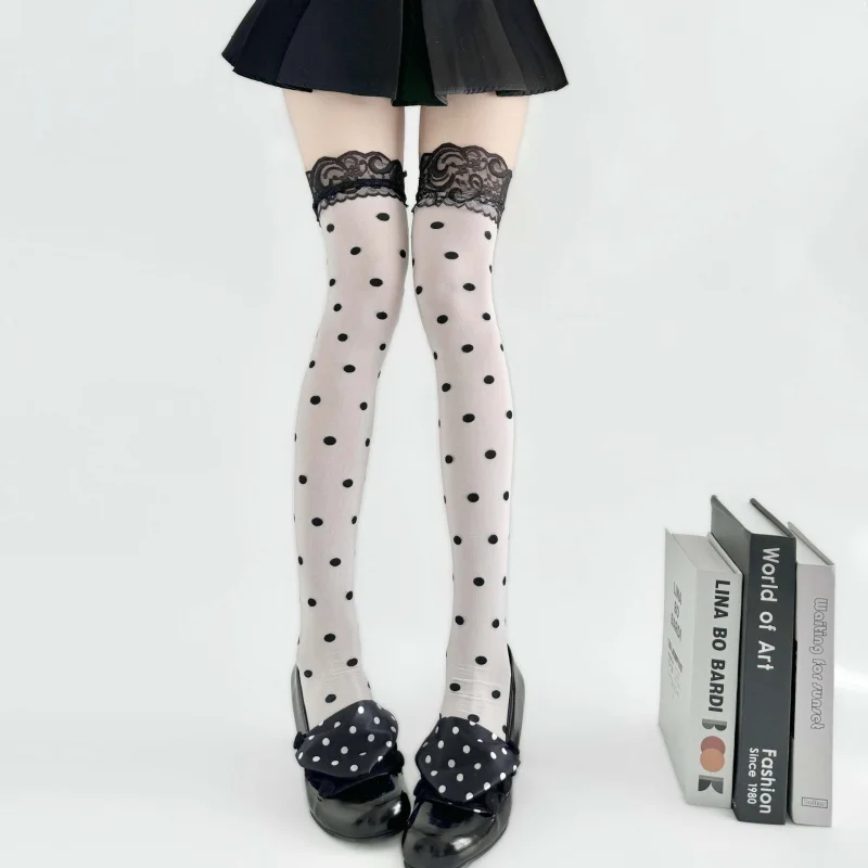Nuevos Calcetines Altos hasta la Rodilla con Encaje y Puntos de Polka Retro, Cómodos, Versátiles y Lindos, Medias Eróticas con Colores Contrastantes y Puntos de Polka, Calcetines con Burbujas