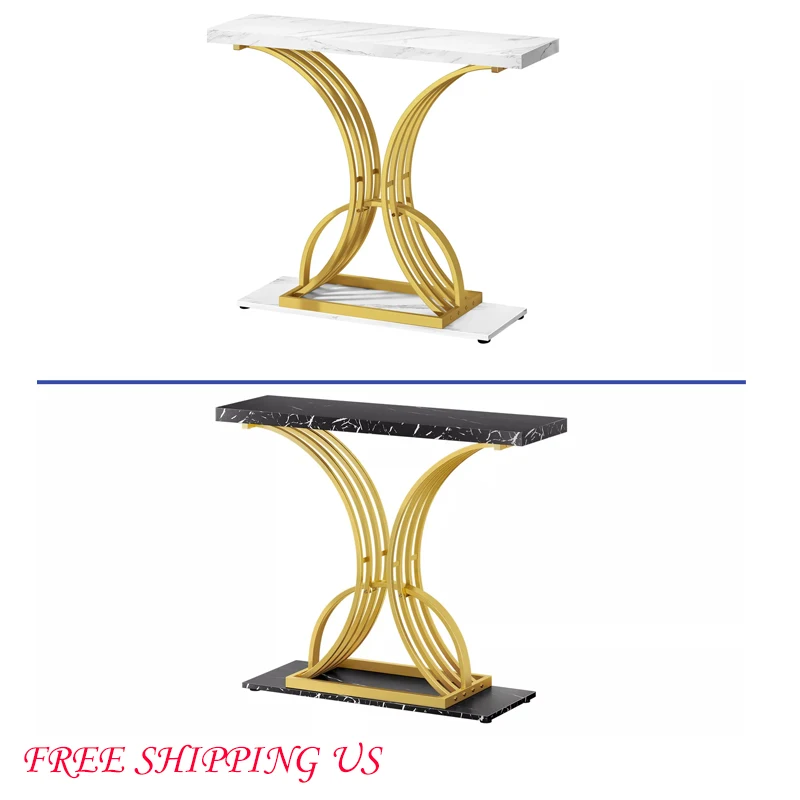 

US Modern Gold Console Table 39" Entryway Table with White Faux Marble Living Room furniture living room marble