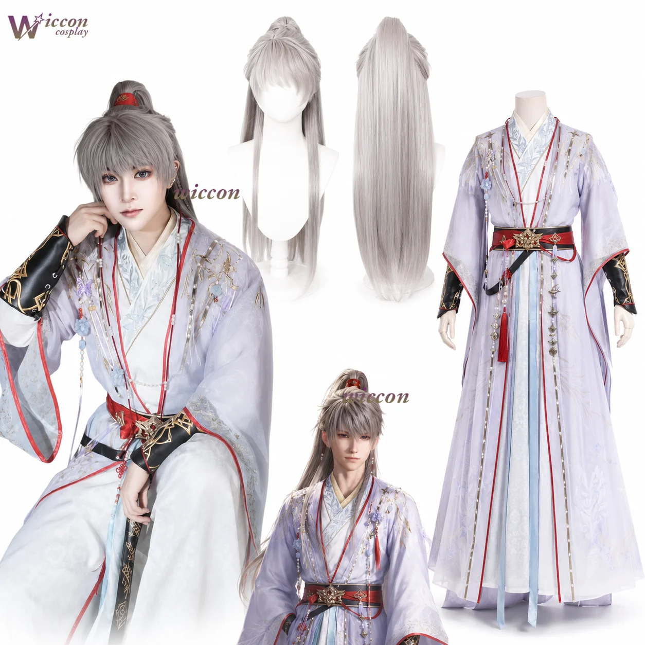 Love and Deepspace Xavier Sword Admiring Blossoms Cosplay Robe Ancienne Blanche Broderie Florale Dorée Perruque Ensemble Complet Halloween