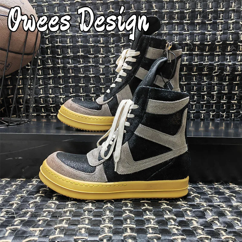 Owees Design Genuine Leather Hip Hop Sneakers Men Lace Up Sneakers Top Quality Brand Designer Rock Street Shoes Male Trainer