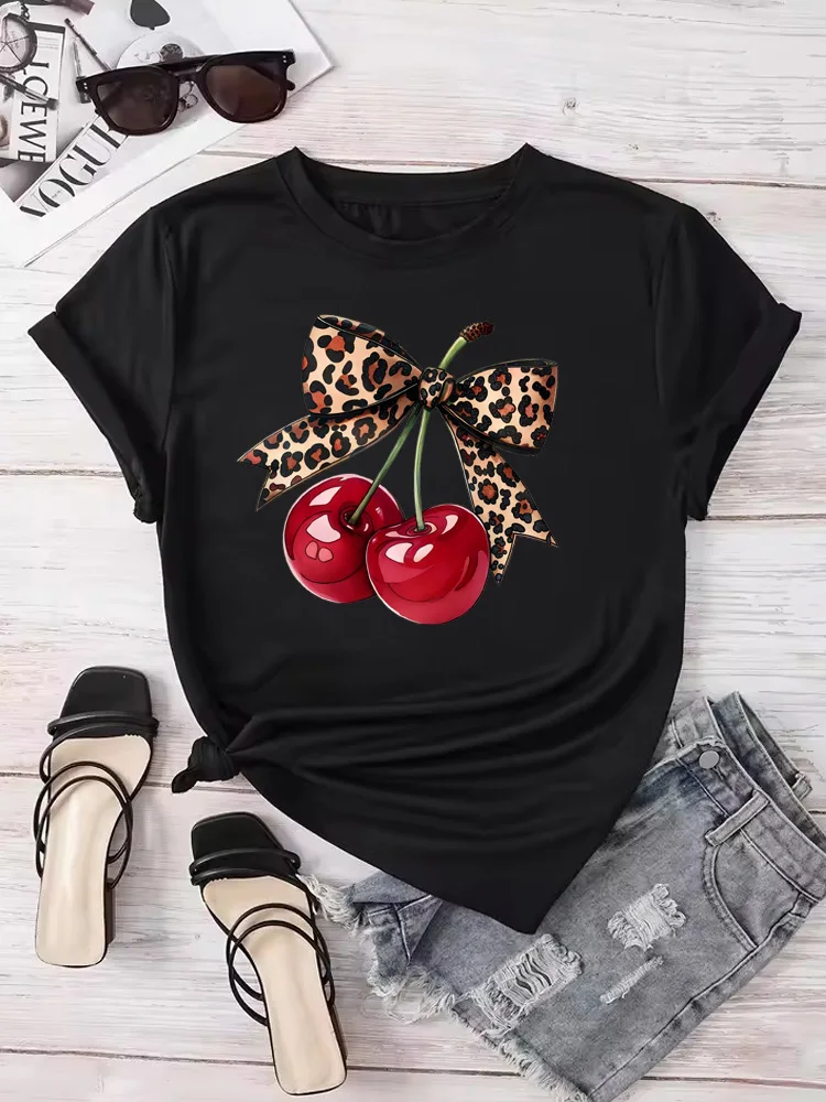 

Plus Size Women's Clothing Tops Tees Fashion Cherry Print Women T-Shirt Short Sleeve Crew Neck Casual Tops for Summer Spring