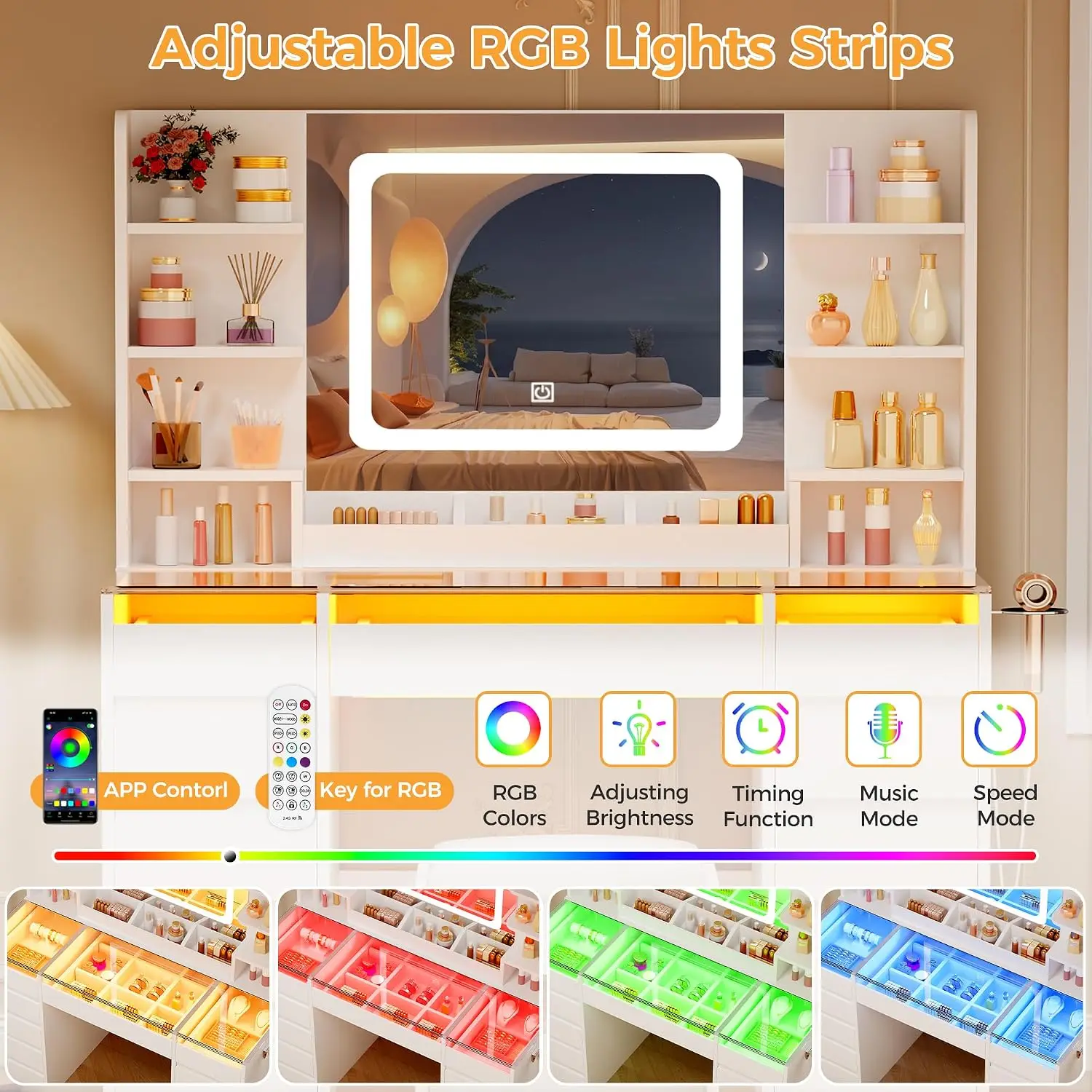 Glass Vanity Desk with Mirror,RGB Lights,Stool,11 Drawers,6 Shelves,Power Outlet,Dryer Rack,Bedroom Dressing Table, Customized