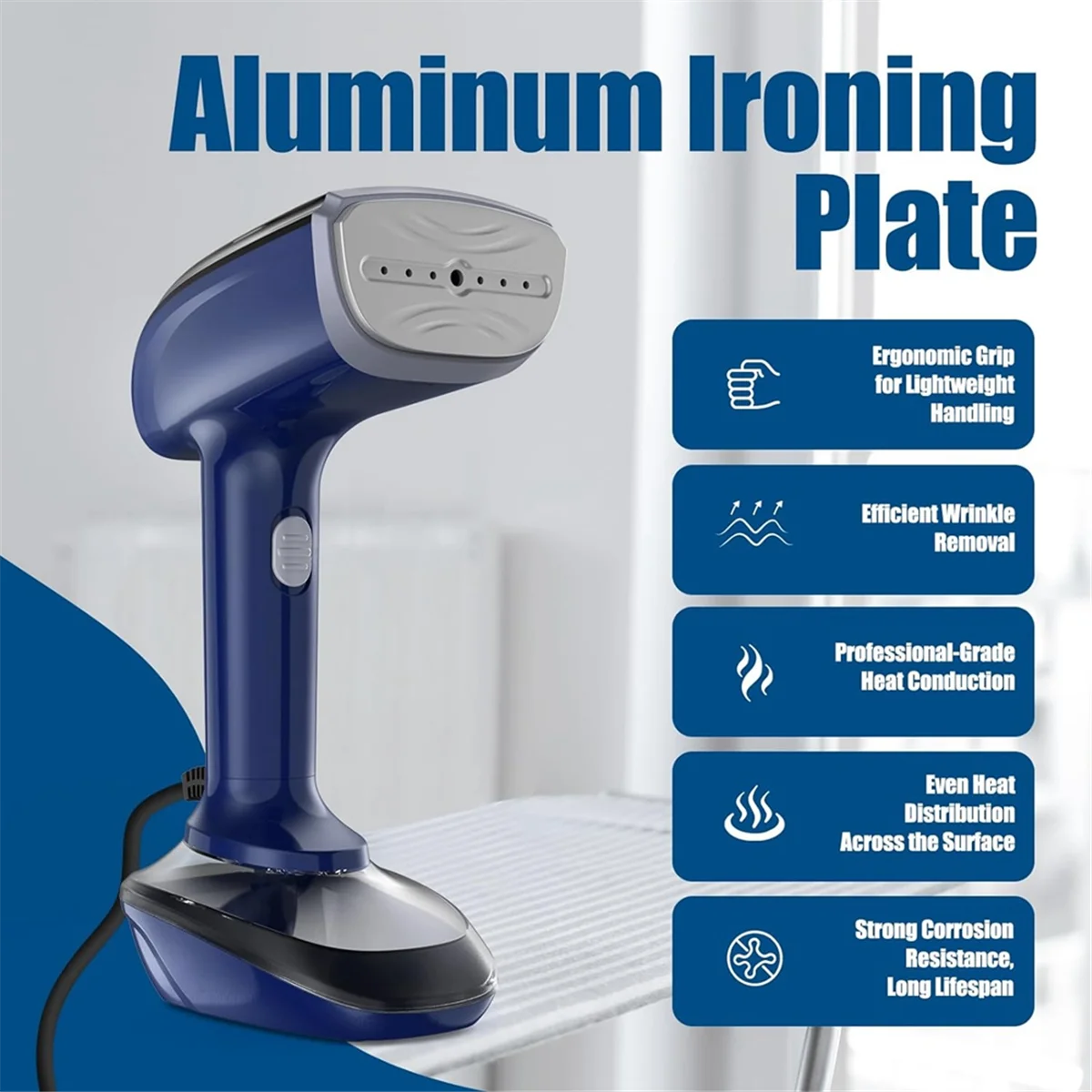 A07G-puissant cuiseur vapeur portatif pour tissu-1000 W avec plaque chauffante rapide en céramique, repassage et dissolvant de rides 2 en 1, prise américaine bleu