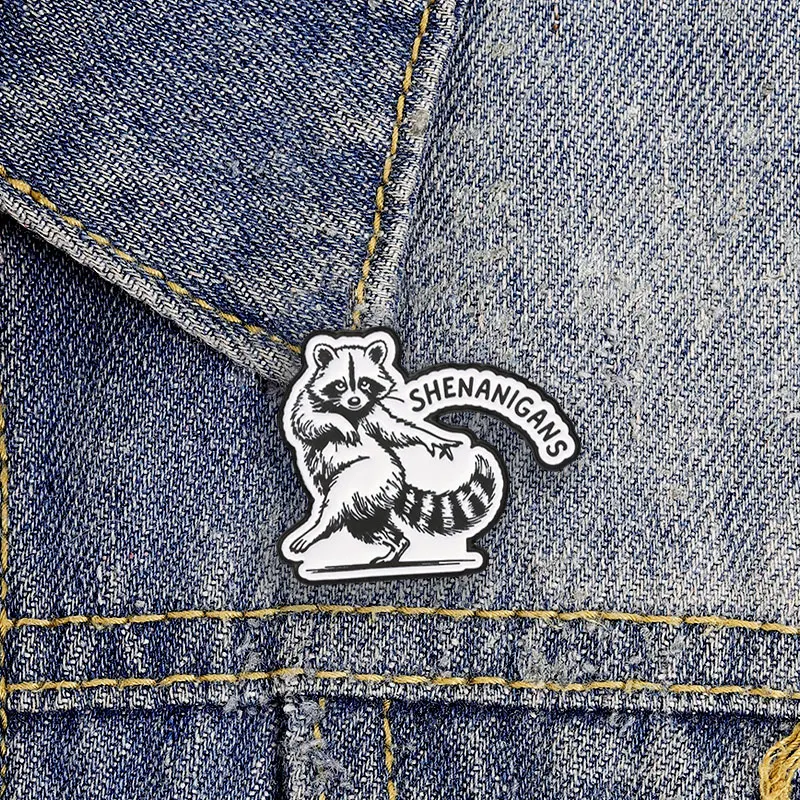 Funny Mischief Raccoon Shenanigans Enamel Badge Retro Black White Sketch Animal Lapel Pin Jewelry Accessory Gifts