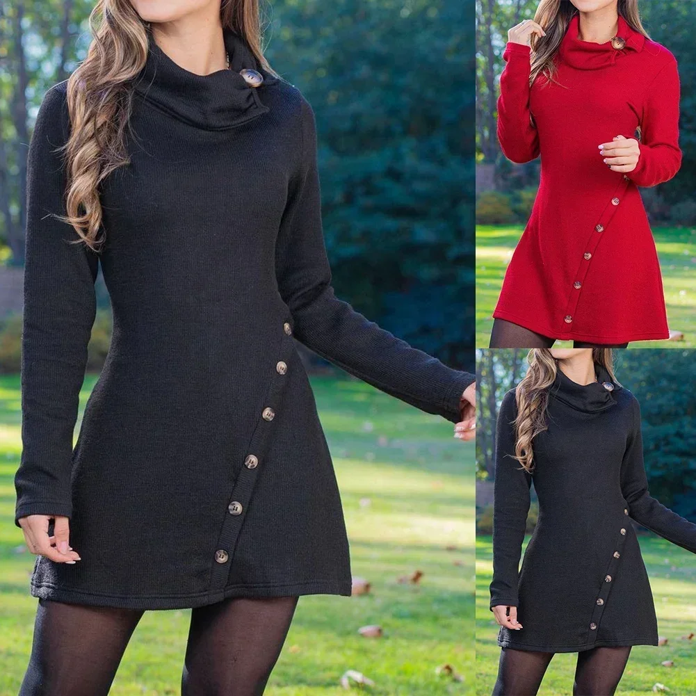 Bequemes sexy Hüftrock-Kleid, Damenkleid, modisch, mittlere Elastizität, Pullover, Retro, einfarbig, Herbst