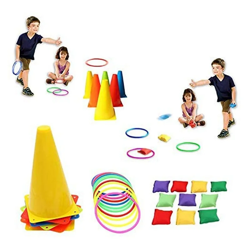 3 In 1 Ring Game Carnival Combo Set Soft Traffic Cone Bean Bags With Plastic Multicolor Throwing Circle Activity Rings kids toys