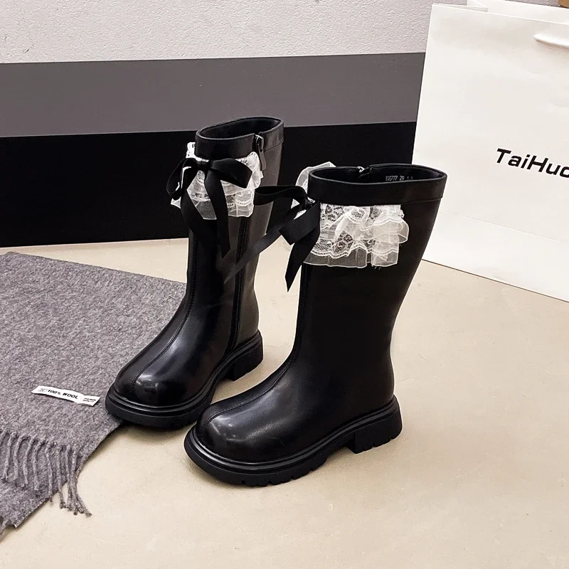 Little Girls Black Boots, Ruffled Lace Satin Bow Side‑Zipper Thick Sole Mid‑Calf & Tall Princess Boots