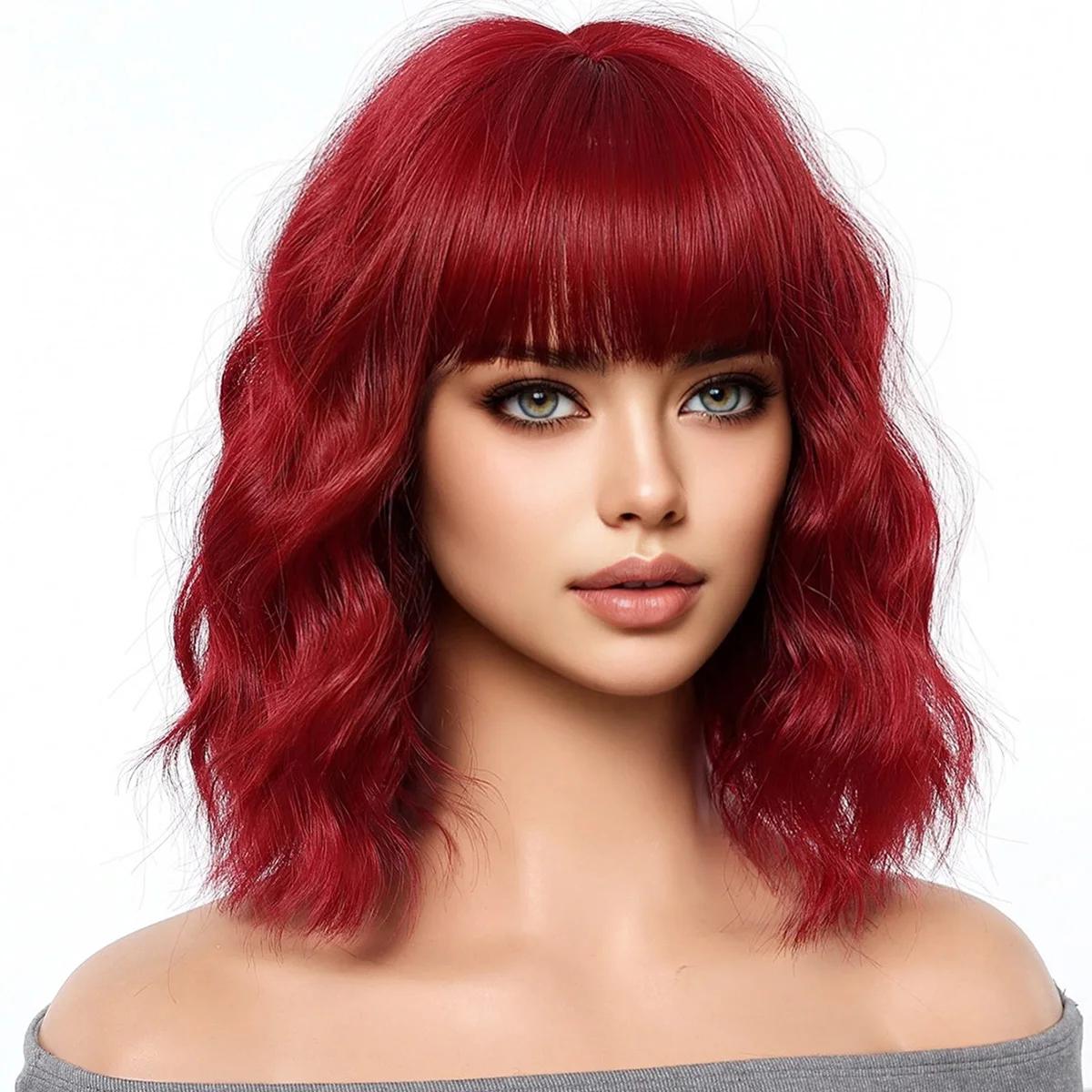 14 Inches Burgundy Red Shoulder-Length Wig with Bangs Natural Wavy Synthetic Wig For Women Heat Resistant Fiber Daily Party Use