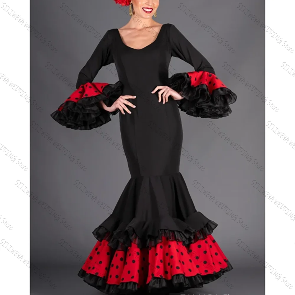 

Black Slim Mermaid Flamenco Dress With Ruffles Flare Sleeves Chic Prom Dresses Long Sleeves Female Party Evening Gown
